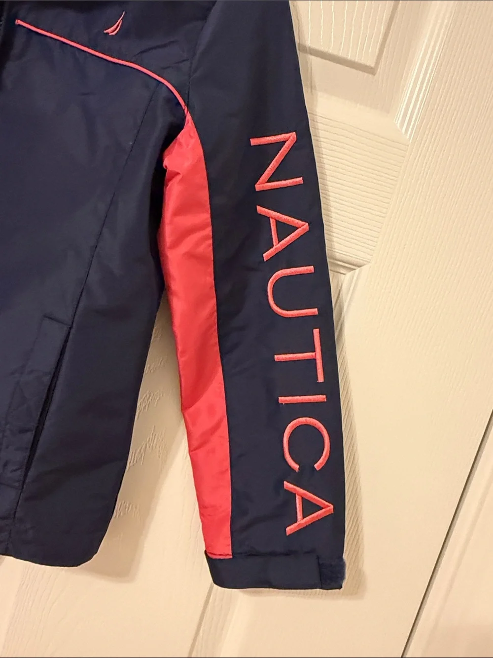 Nautica Girls Windbreaker Rain Jacket Size 7 Navy Coral Hidden Hood NWOT